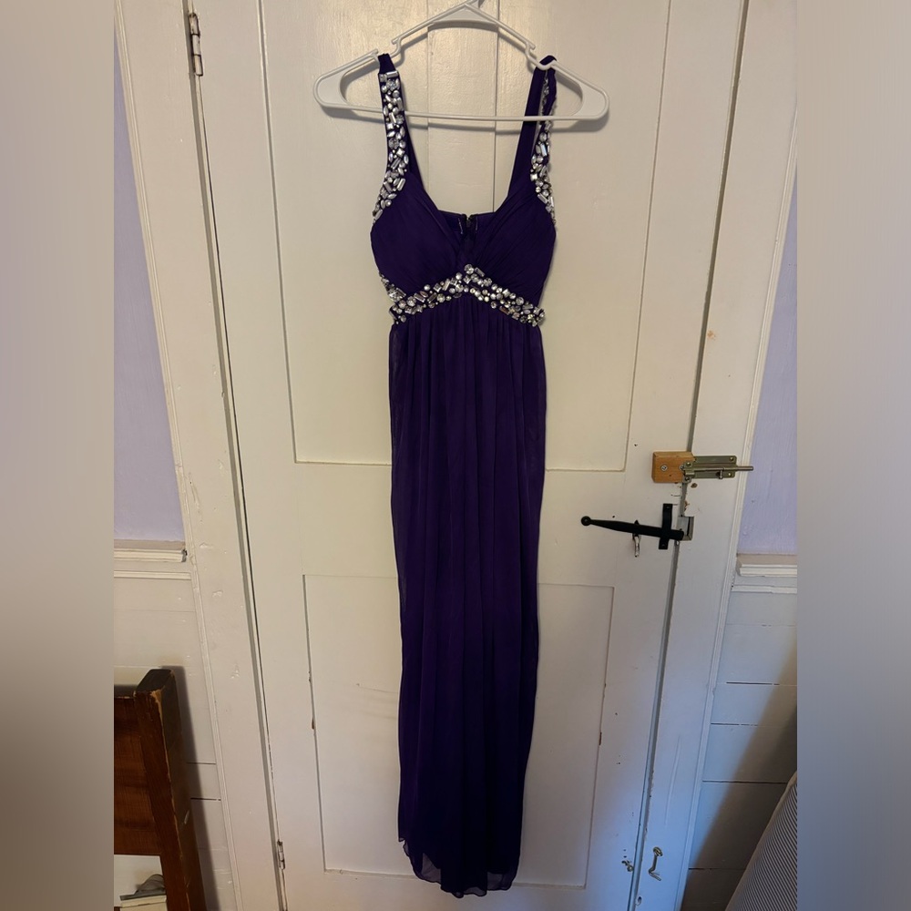 Prom Dress (Deb, purple, rhinestones, side cutouts, size 3, good condition)